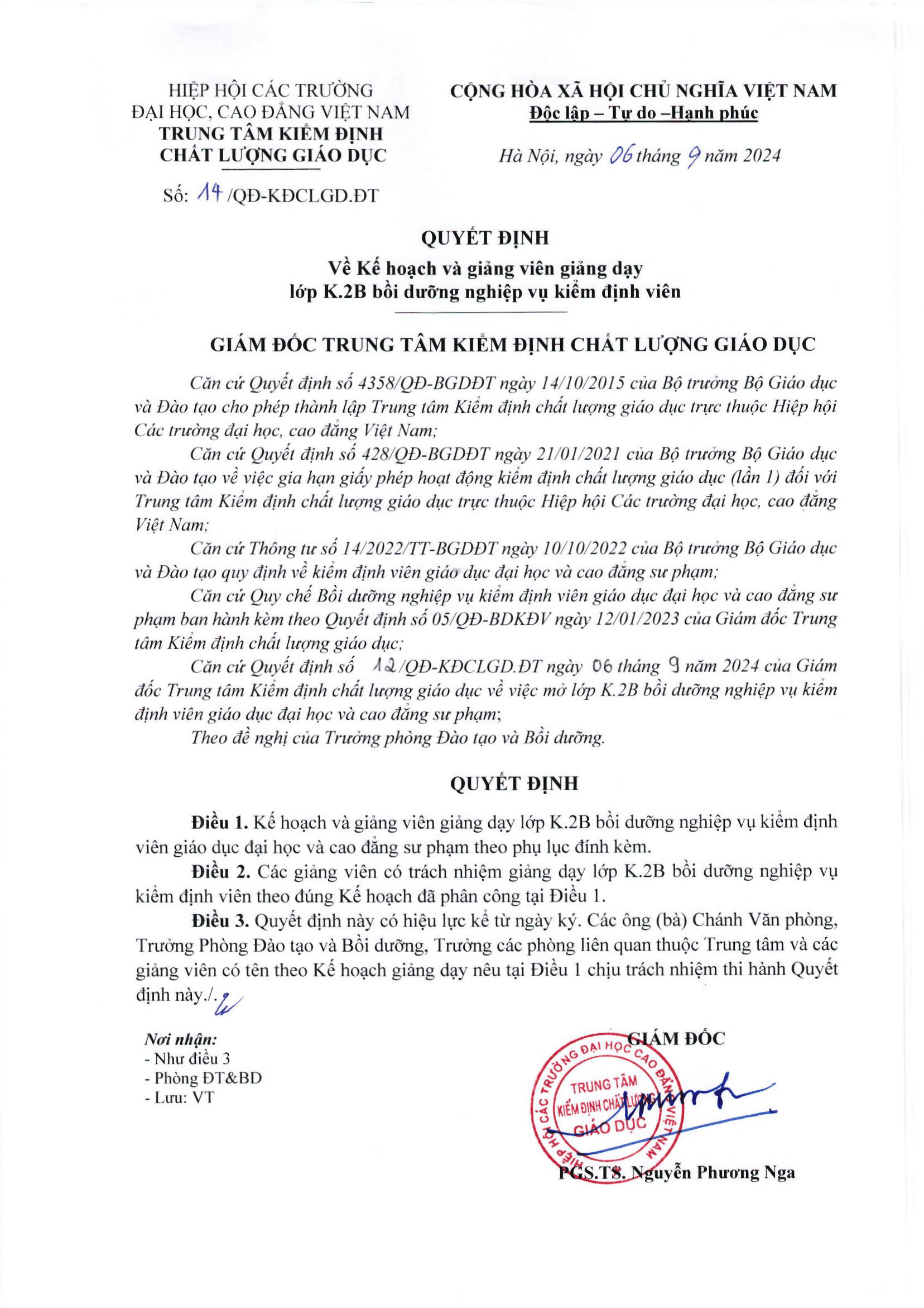 QUYẾT ĐỊNH 14/QĐ-KĐCLGD.ĐT NGÀY 06 THÁNG 9 NĂM 2024 VỀ KẾ HOẠCH VÀ GIẢNG VIÊN GIẢNG DẠY LỚP K.2B BỒI DƯỠNG NGHIỆP VỤ KIỂM ĐỊNH VIÊN