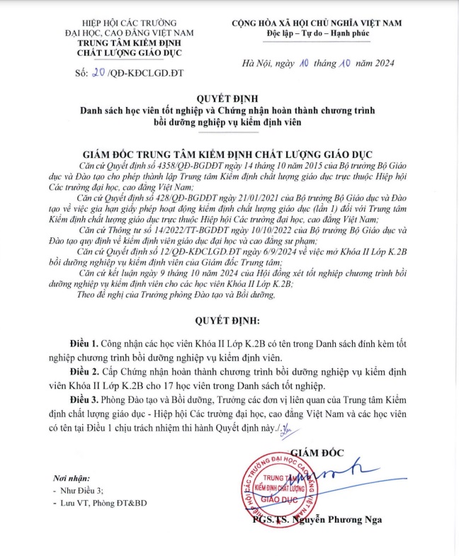 UYẾT ĐỊNH 18/QĐ-KĐCLGD.ĐT NGÀY 30 THÁNG 9 NĂM 2024 VỀ DANH SÁCH HỌC VIÊN TỐT NGHIỆP VÀ CHỨNG NHẬN HOÀN THÀNH CHƯƠNG TRÌNH BỒI DƯỠNG NGHIỆP VỤ KIỂM ĐỊNH VIÊN